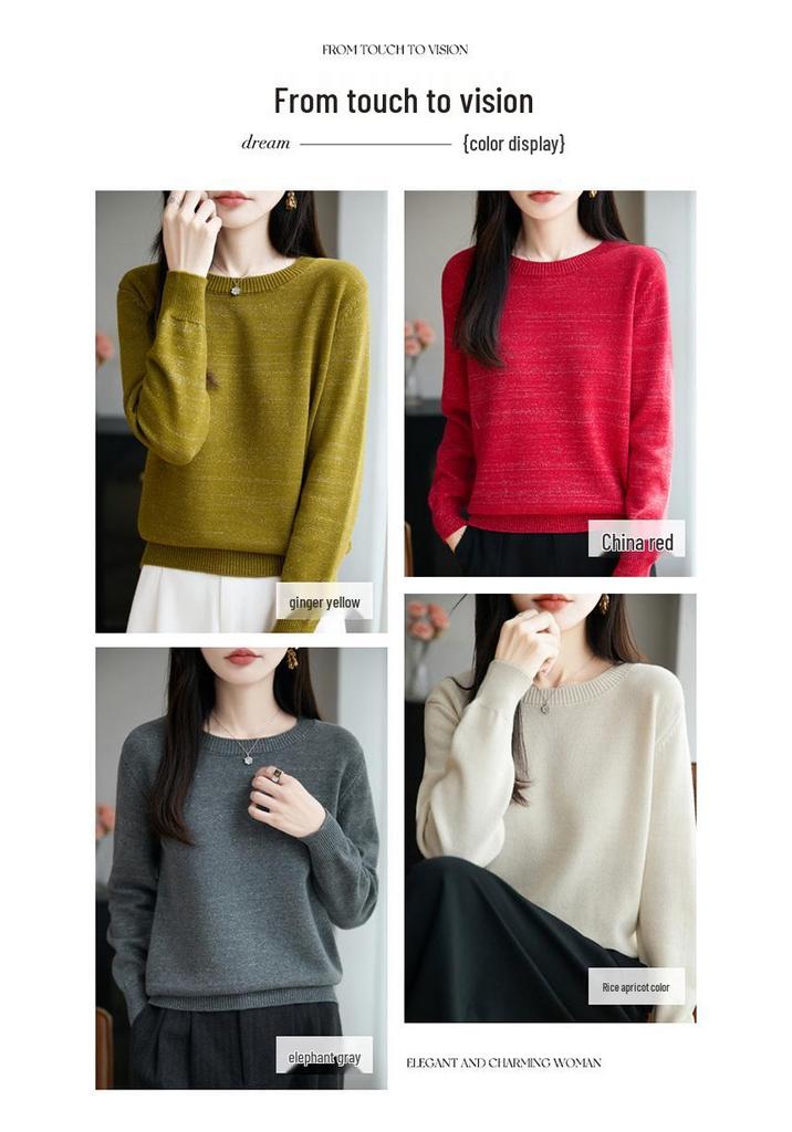 Women's 100% Cotton Seven-Stitch Round Neck Knit Pullover - Autumn/Winter Base Layer Sweater