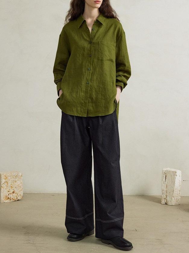 Green 100% Linen Women's Loose Long Sleeve Shirt for Early Autumn Wear