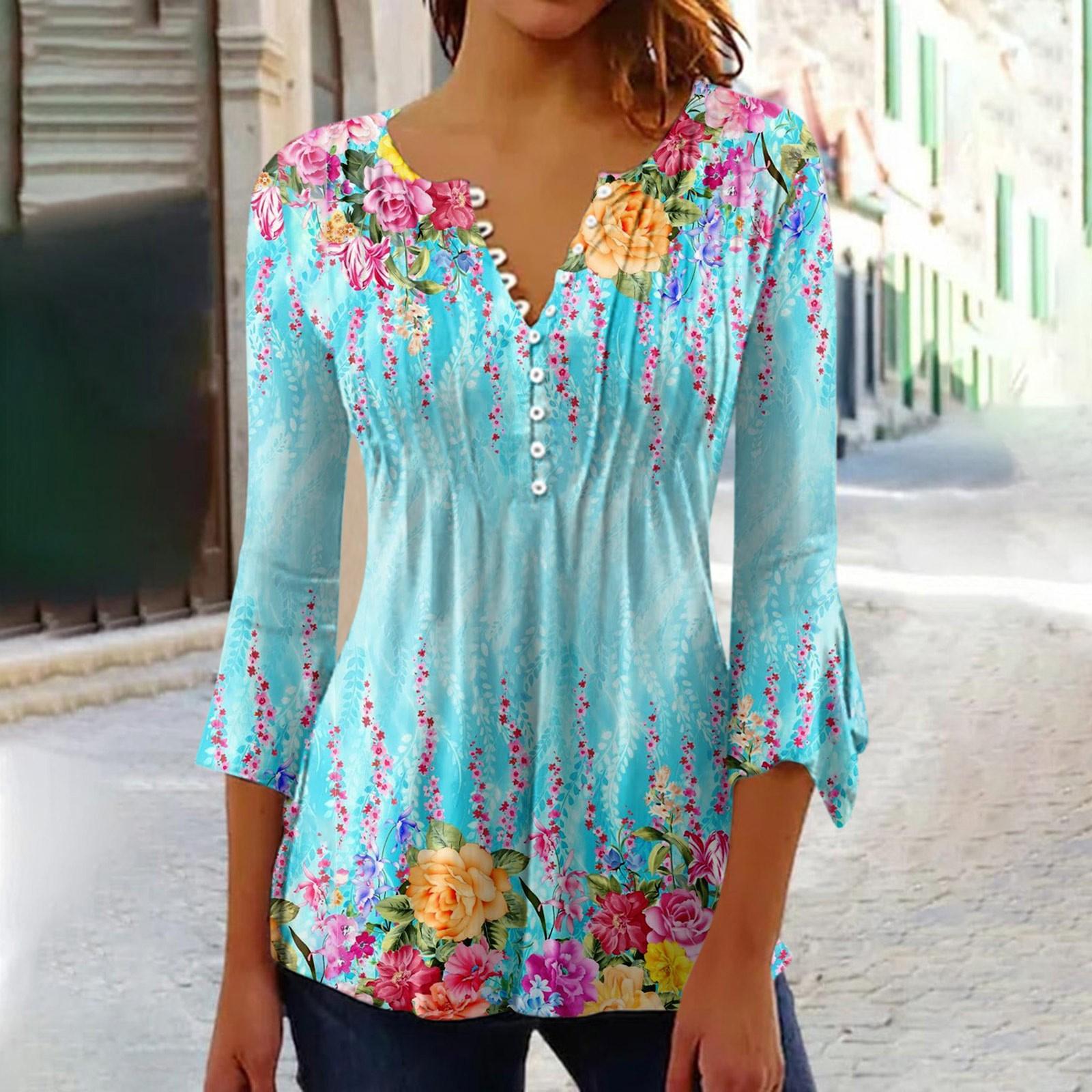 

Button Down Shirts For Women Print Tunic Summer Tops Dressy Casual Bell 3/4 Sleeve V Neck Spring Blouses XL синій