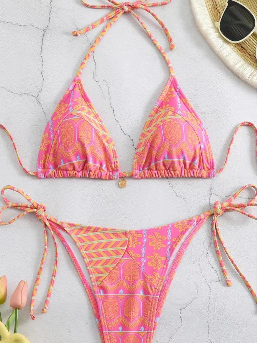 

Европейский и американский раздельный купальник бикини с принтом бандажа, шнуровкой и вставками из кружева Medium розовый