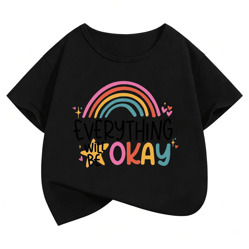 Everything Will Be Ok Rainbow Design Print T Shirts Sweet Kids Childrens Tshirt Boys Girls Summer Spring Casual Top Tee Shirt