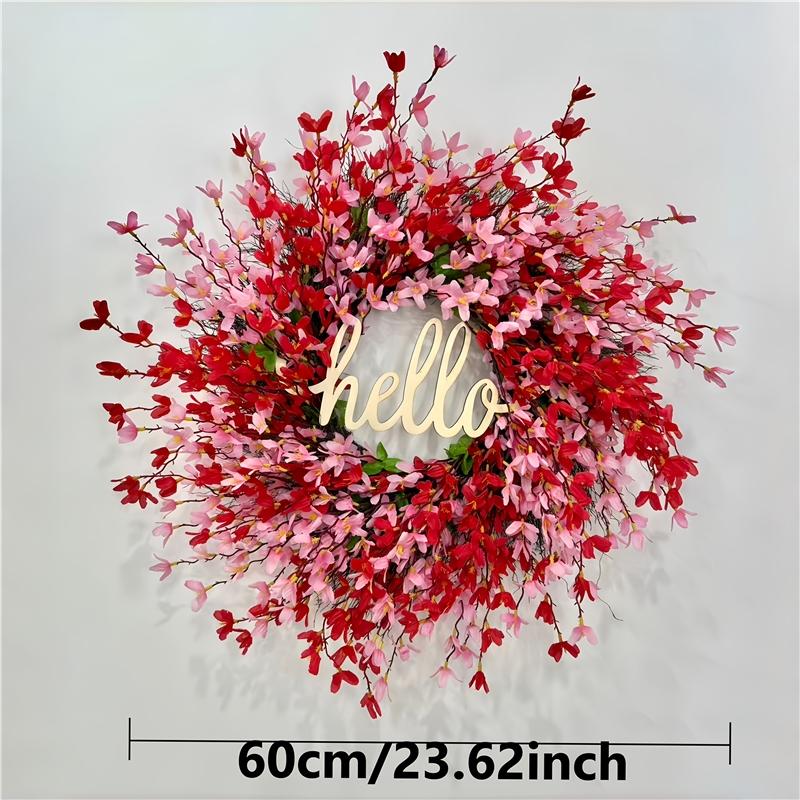 Valentine's Day Wreath Pink and Red Artificial Floral Wreath, Paired with a 'Hello' Sign Wooden Plaque Decoration
