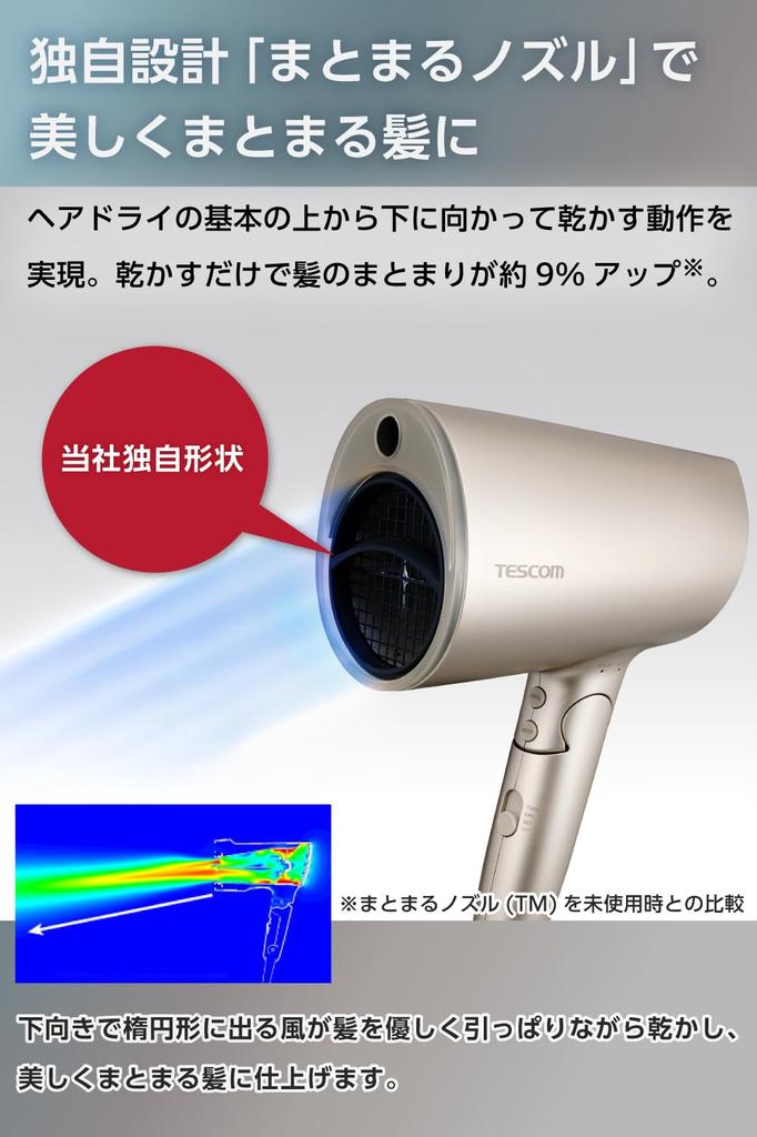 Tescom Hair Dryer with Negative Fast High Airflow Airflow COLOR AUTO Cool Shot Sensing Cool Gold Ions, Drying, [3 Settings, Mode, Mode, Switch],