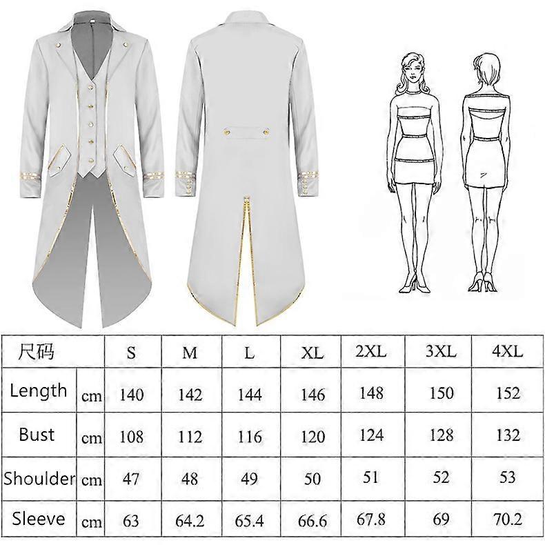 Mens Tuxedo Medieval Retro Punk Gold Trimmed Overcoat Carnival Costume