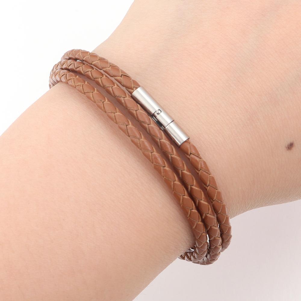 1pc Genuine Braided Leather Bracelet Classic Three Layer Stainless Steel Clasp Bracelet For Men Women Jewelry Making Charm Gifts
