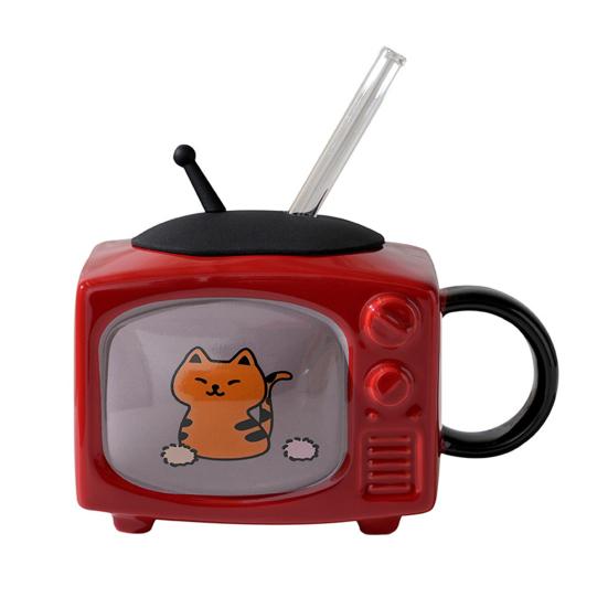 

Ретро Керамічна Кружка з Котом на ТБ з Кришкою та Соломинкою 450 мл Мила Кавова Чашка Герметична Термостійка Форма ТБ Кружки для Молока та Пива Новинка Подарунок Декор для Дому червоний
