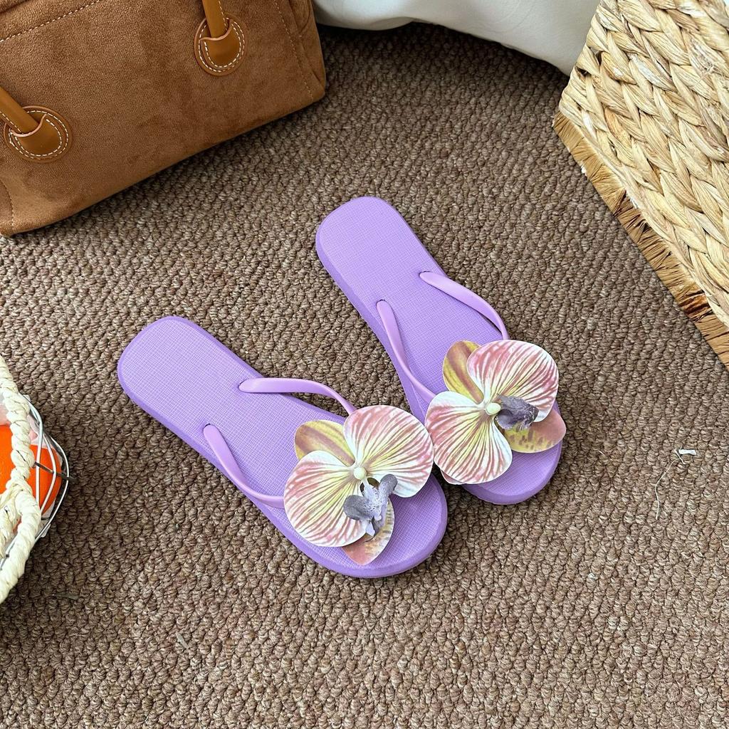 Summer Butterfly Orchid Flip Flops, Women's Sweet Vacation Style, Seaside Beach Sandals, Flip Flops, Flip Flops for Wearing Flat Shoes On The Outside