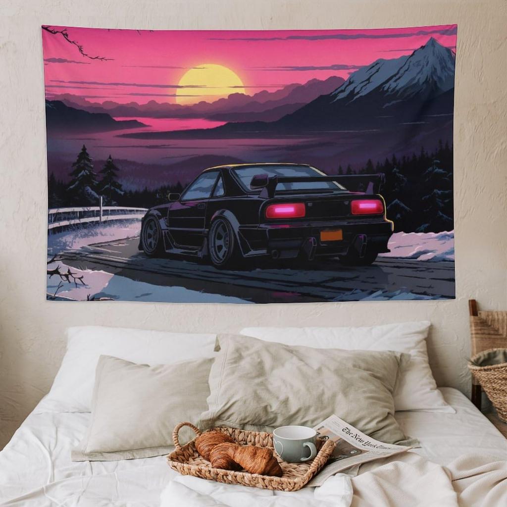 VIKAMA Purple Car Tapestry  Neon Lights Cityscape Vibrant Colors  Urban Atmosphere for Modern and Stylish Home Decor