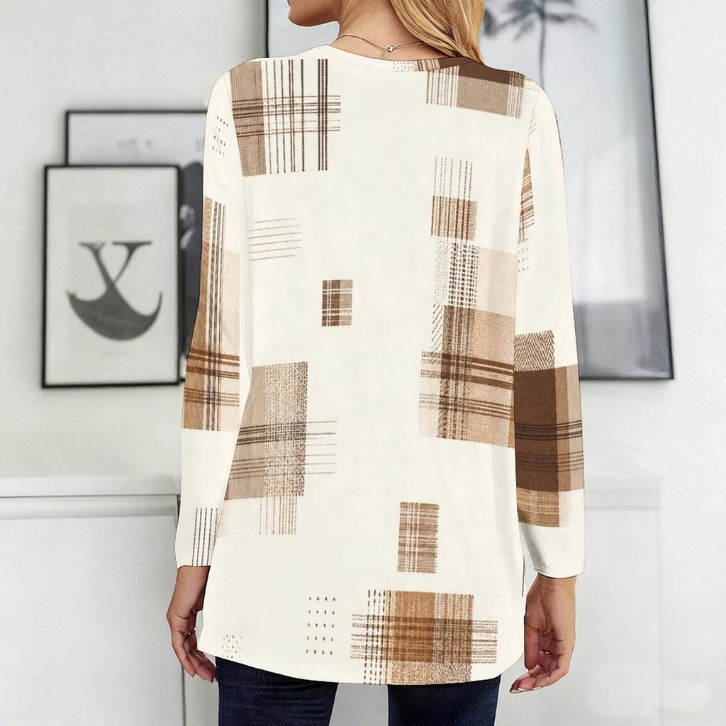 Women Plus Size Round Neck Long Sleeve Plaid Print T Shirt Loose Longline With Pockets