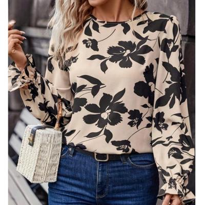 Blusas y camisas de manga larga con cuello redondo y estampado de flores informales para primavera y otoño para mujer