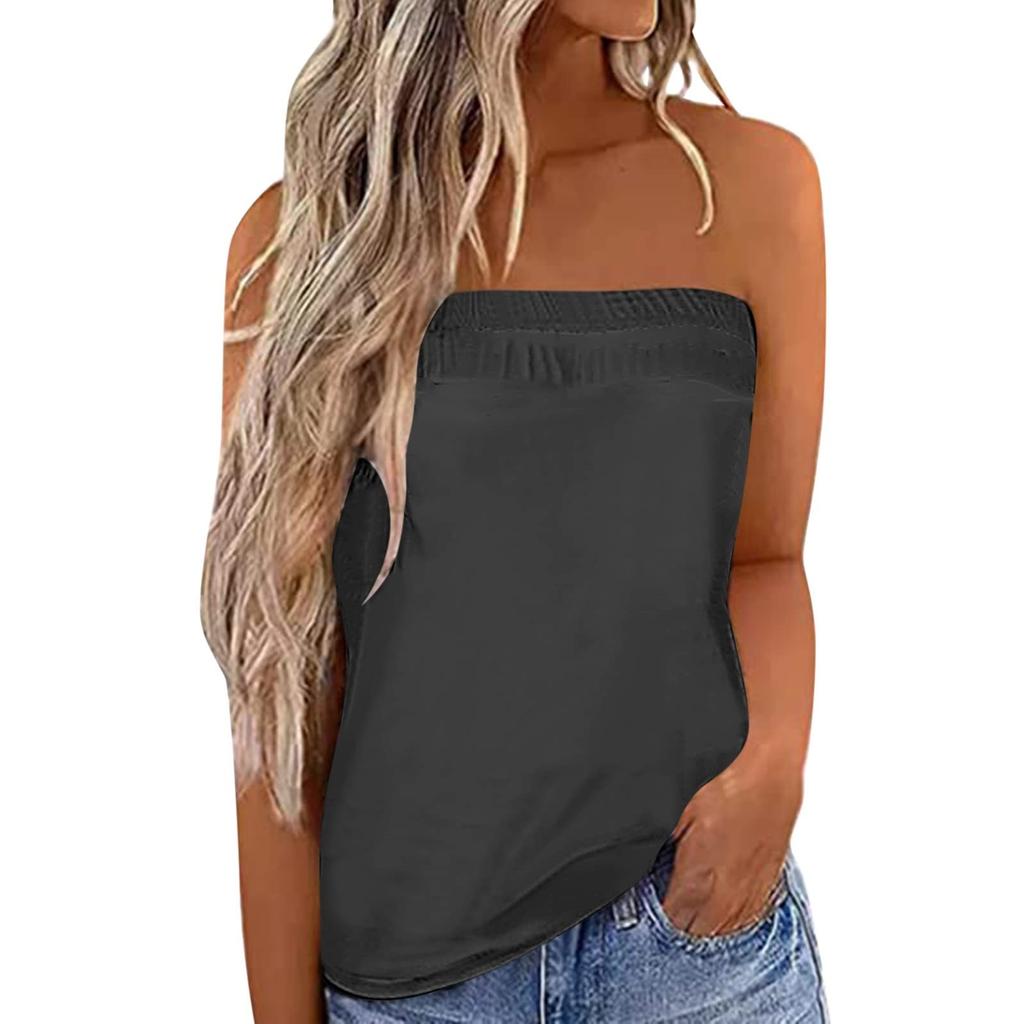 Women Strapless Bandeau Tank Casual Sleeveless Summer Loose Holiday Tube Shirt Tunic Tanks Tops