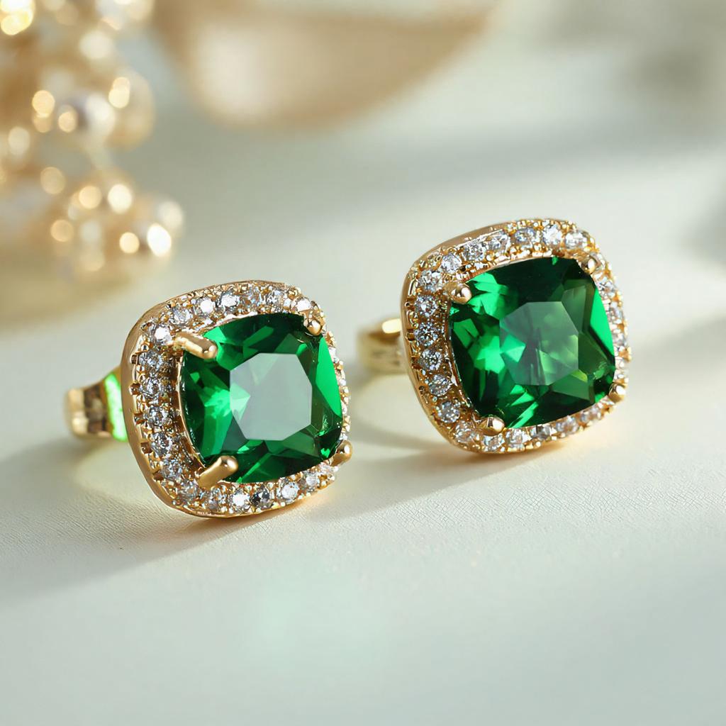 Female Luxury Green Crystal Zircon Stone Stud Earrings Vintage Gold Color Wedding For Women