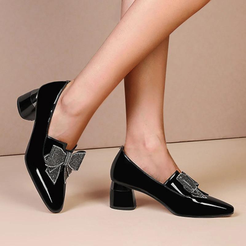 2024Women's Outdoor Heels Fashion Chunky Heel Leisure Shoes Anti-slip Slip-On Breathable Casual Shoes Rhinestone Butterfly Knot