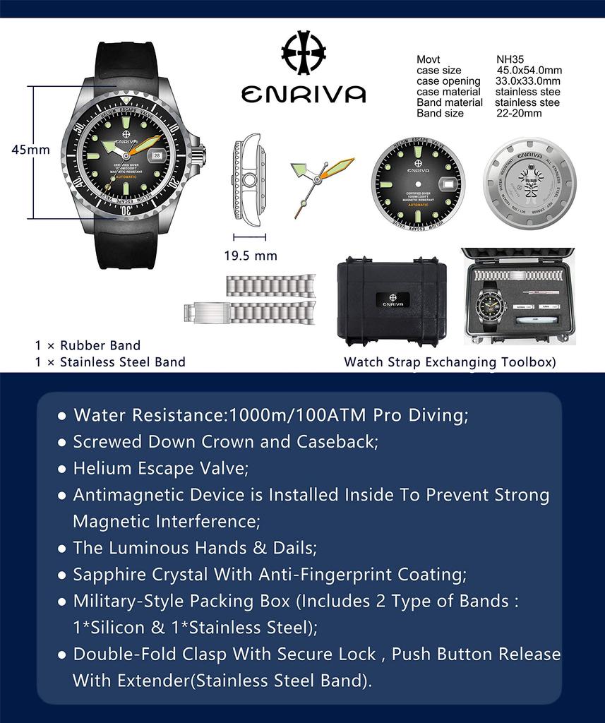 ENRIVA Watch Automatic Watch Date Display 1000m Professional Water Resistant NH35 Sports Diver Style Sapphire Glass Tool Diver's Men's (Black