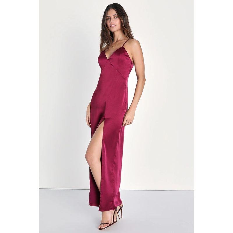 

Export Single French Lu Home V-neck Brace Sexy Socialite High Quality Smooth Fabric Split Evening Gown Dress Burgundy XS