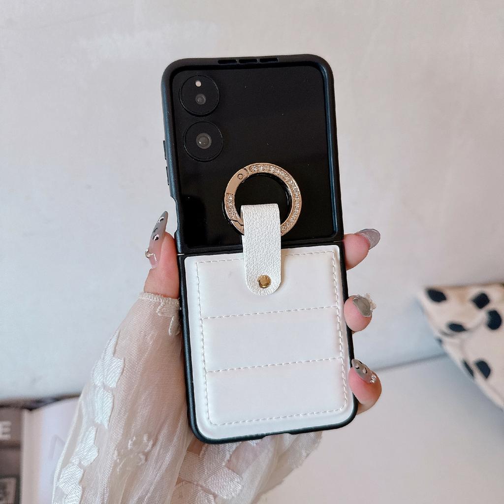 For Xiaomi Mix Flip 2 Case Case Down Jacket Style Rhinestone Decor Ring Holder Leather Coated PC Phone Cover