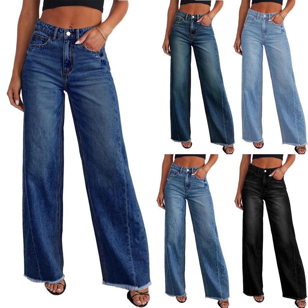 Women's Jeans Casual And Fashionable Straight Leg Elastic Fringed Denim Pants