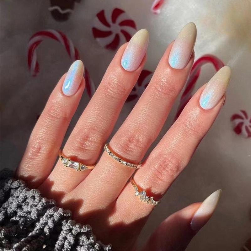 24Pcs Simple French Solid Color Press on Nails with Jelly Glue Ballerina Almond False Nails Detachable Full Cover Nail Tips Set