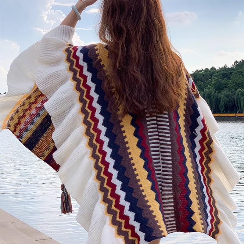 Manufacturer's New Ethnic Style Ruffled Knit Shawl: Xinjiang Stripe, Sichuan-West Travel, Thick and Warm