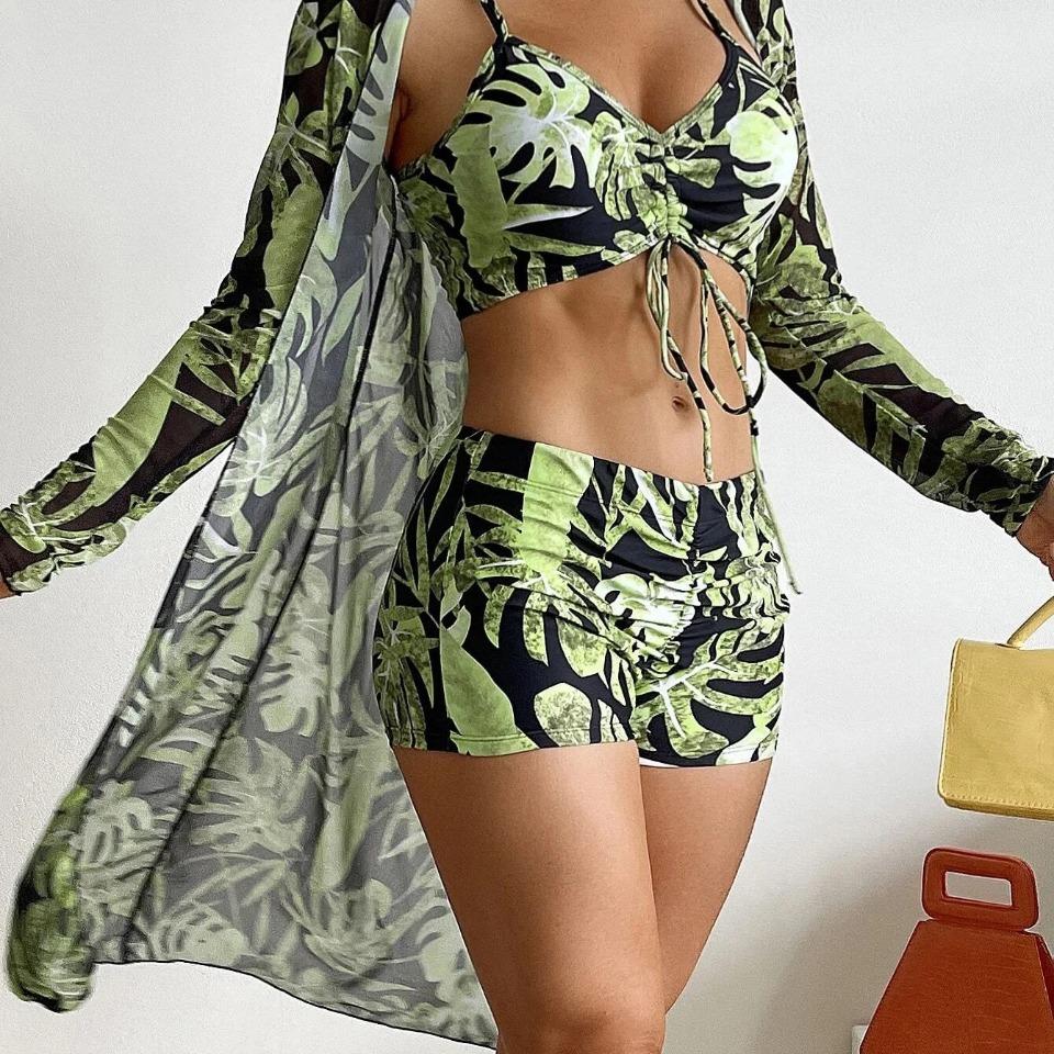 Msfilia Women's Swimsuit Split Three Piece Set High Waist Long Sleeve Ins Overshirt Drawstring Printed Bikini Suits