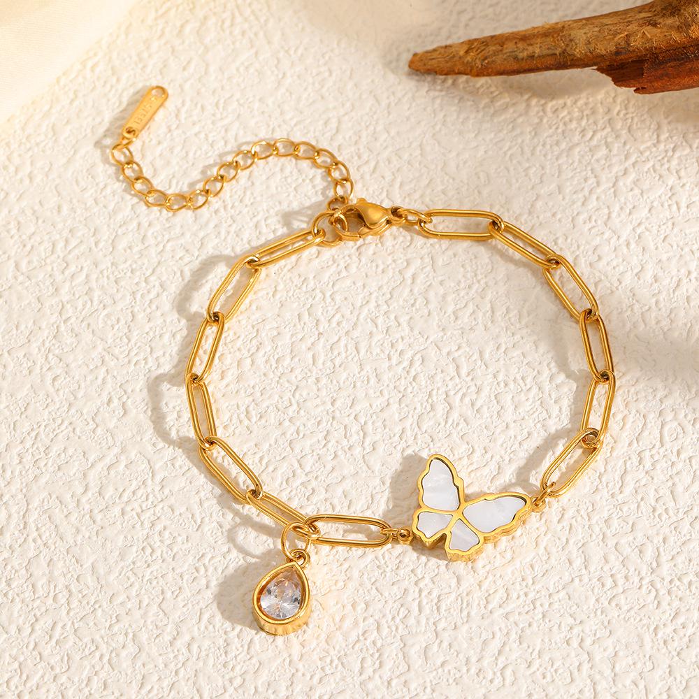 18K Gold Plated Zircon Butterfly Bracelet with Black and White Shells for Women