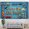 Masculine Father's Day Tapestry, Blue "Feliz Dia Del Padre" with Tools, Ties and Accessories, Festive Party Wall Art
