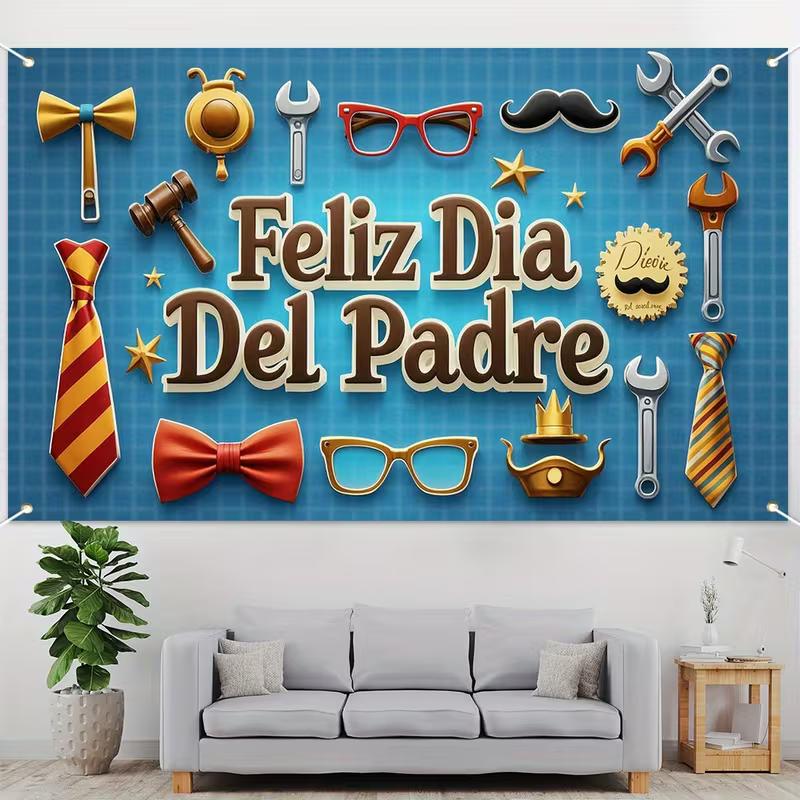 Masculine Father's Day Tapestry, Blue "Feliz Dia Del Padre" with Tools, Ties and Accessories, Festive Party Wall Art