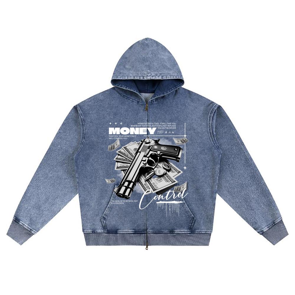 DTG print Knitted Denim Zip-Up Hoodie Money Control Brother Print Zipper Hoodies  