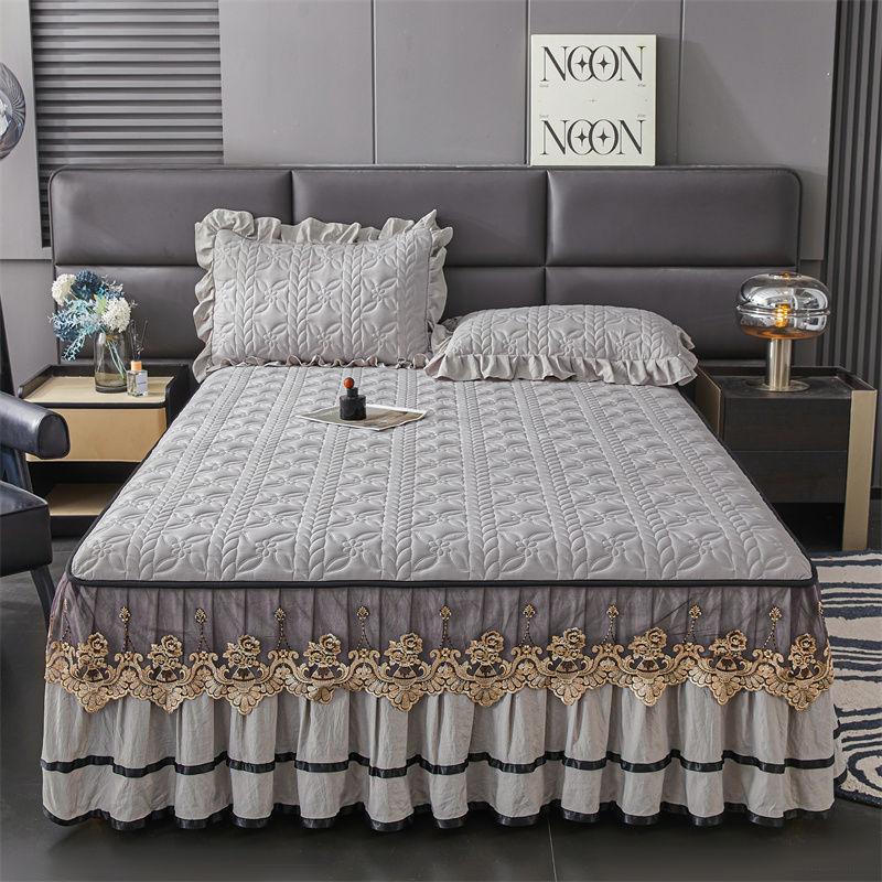 3PCS Padded Quilted Bed Skirt Set with Lace Embellishment, Includes 1 Bed Skirt and 2 Pillowcases, Easy Installation, Breathable , Ideal for Bedroom