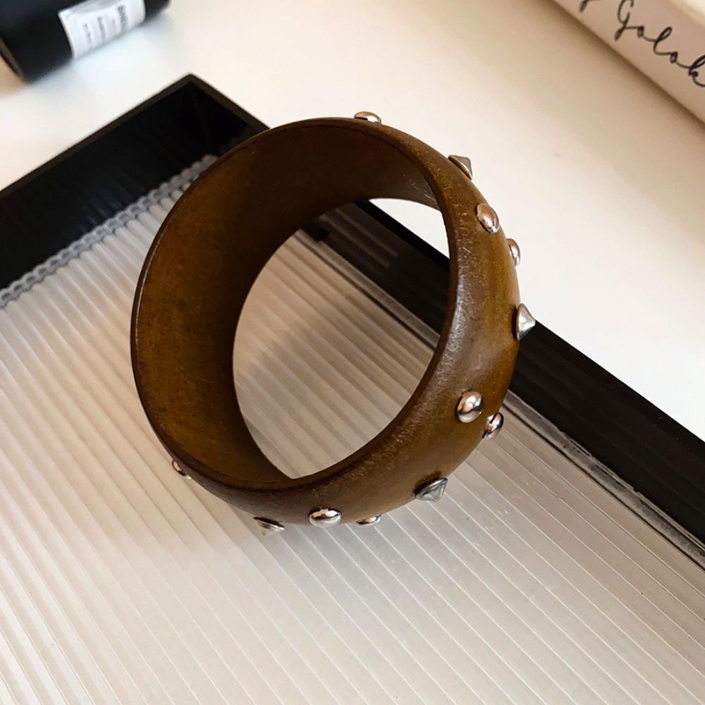 Punk Wooden Bracelet Wide Rivets Bangle Vintage Round Bracelet  Women