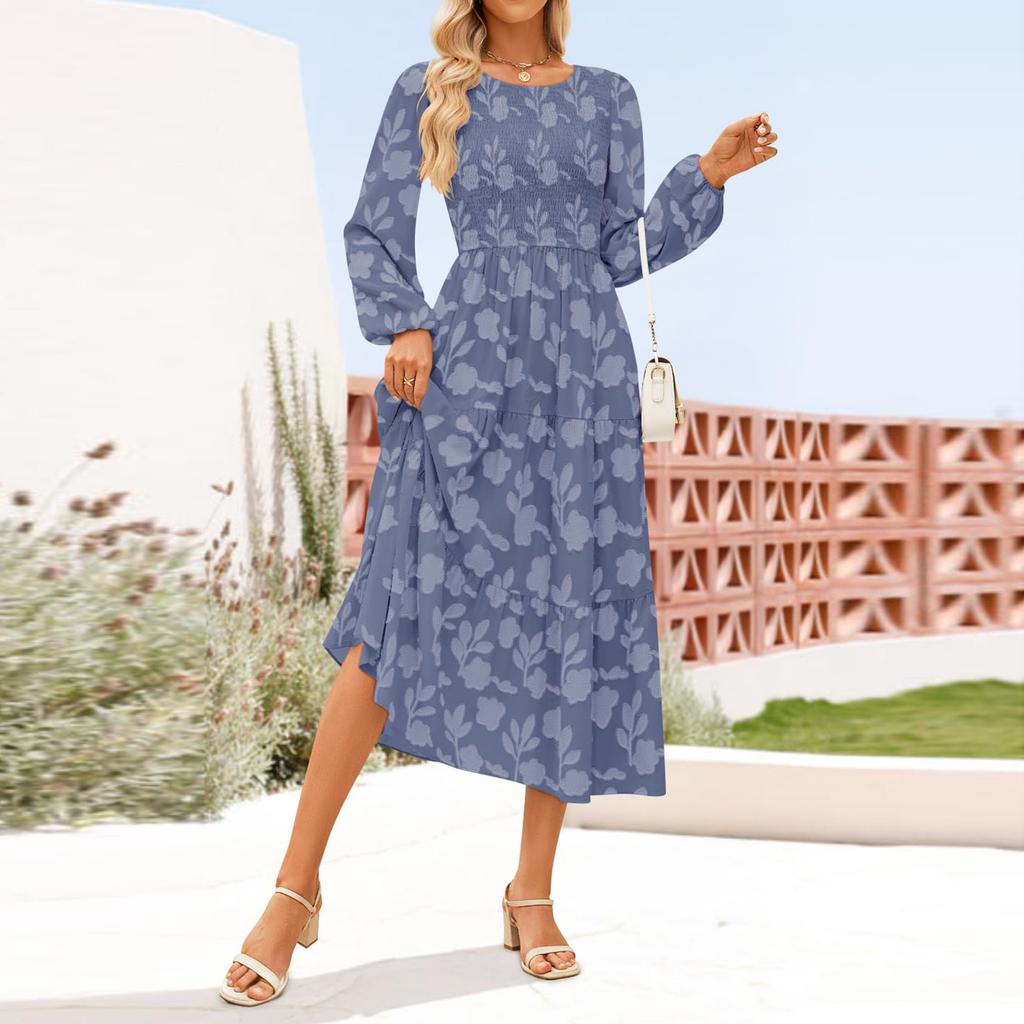 Women's Fashionable Casual Round Neck Long Sleeved Solid Color Dress