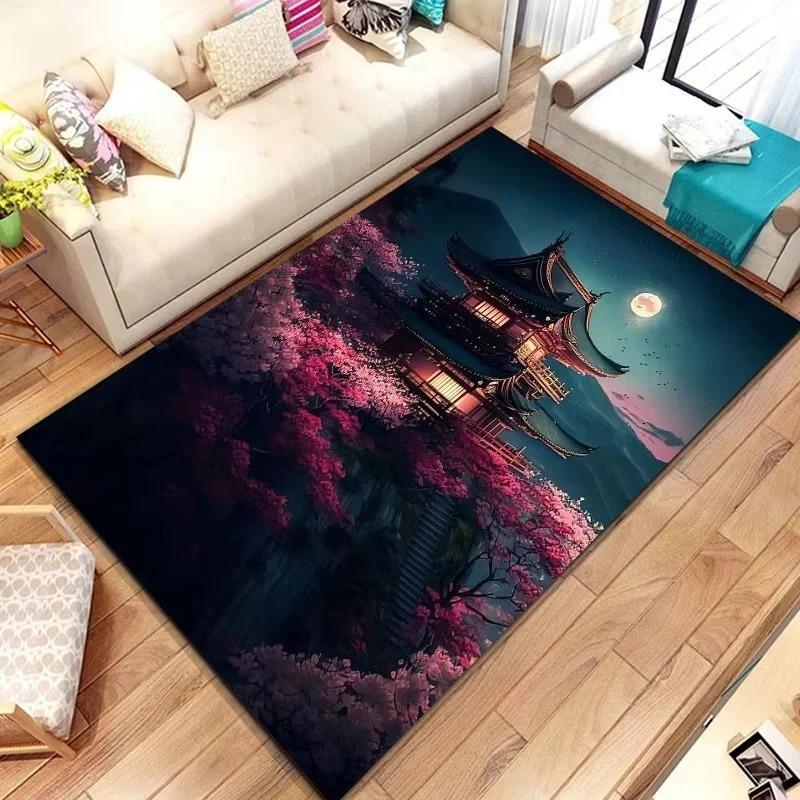 Japanese Landscape Print Rug with Cherry Blossom & Fuji Mountain for Bedroom and Sofa Entryway Decor