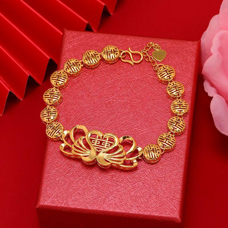Antique Style Double Happiness Golden Mandarin Duck Women's Gold-Plated Bangle for Weddings