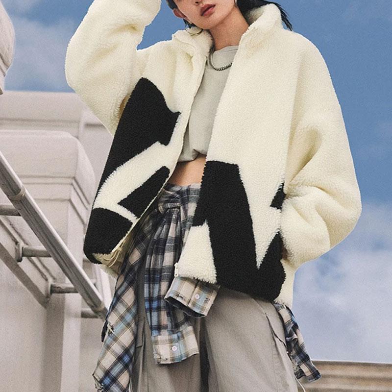 Li Ning Color Block Warm Loose Short Lamb Fleece Jacket Unisex Jacket Paper-White AFDT947-1