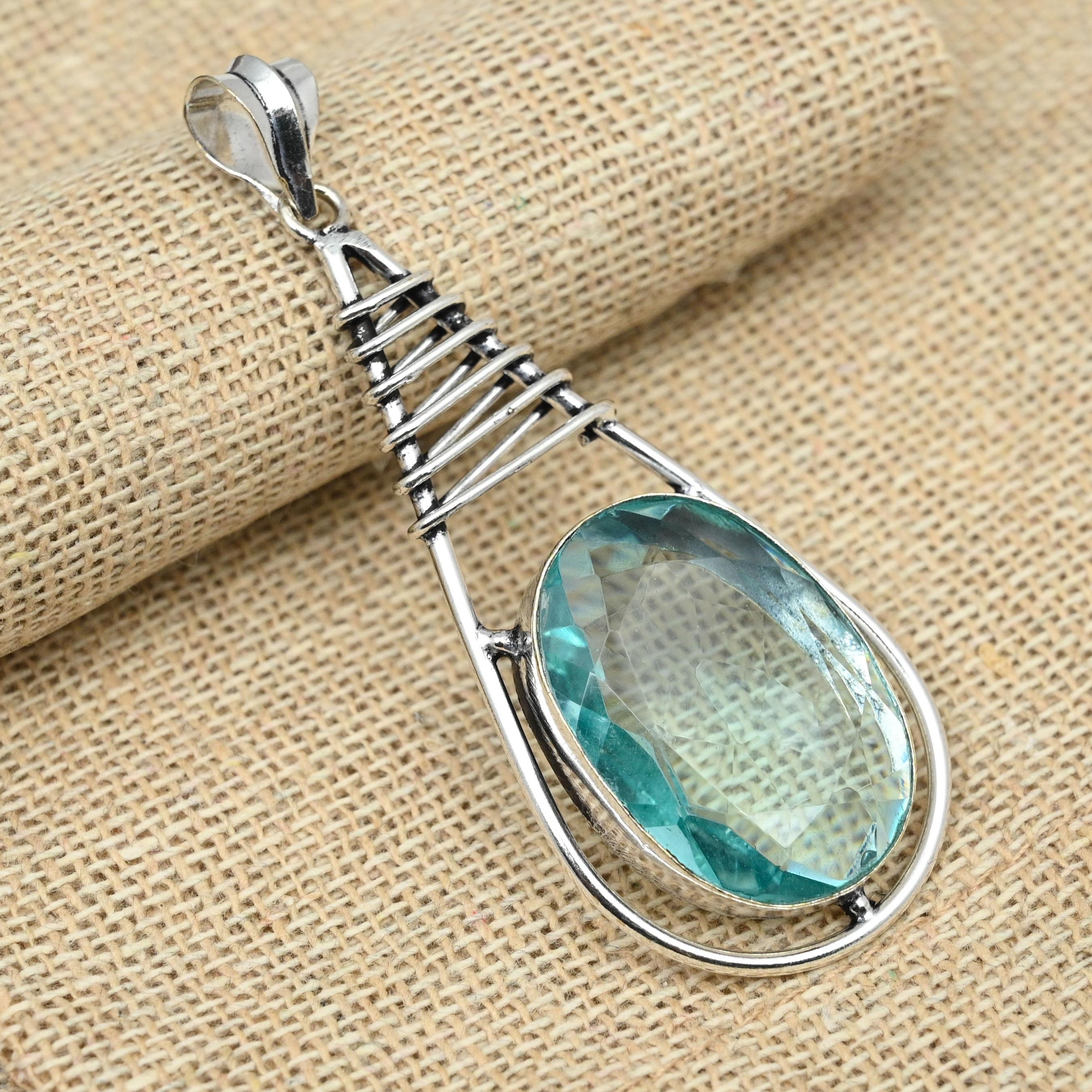 

Синий топаз драгоценный камень стерлингового серебра 925 пробы антикварный кулон подарок для женщин ювелирные изделия 2.75 Inches зелёный