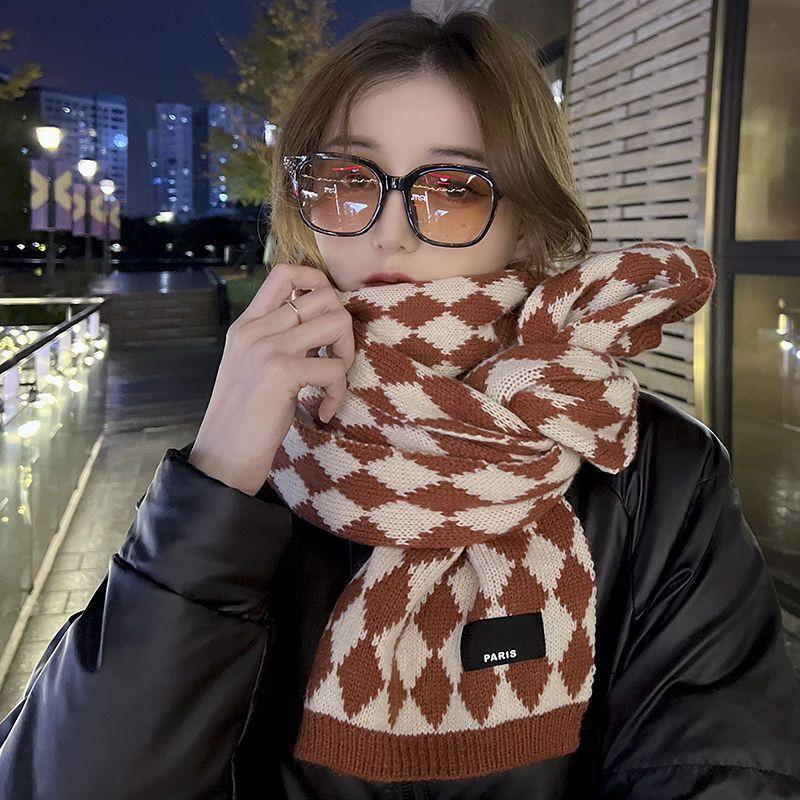 Classic Rhombus Plaid Knitted Couple Scarf Female Winter Korean Version Student Wool Warm Versatile Male Scarf Tide