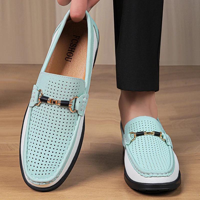 Fashion New Genuine Leather Mens Loafers Stylish Design Moccasins Comfy Men's Casual Slip on Shoes Hollow Breathable Male Driving Flats