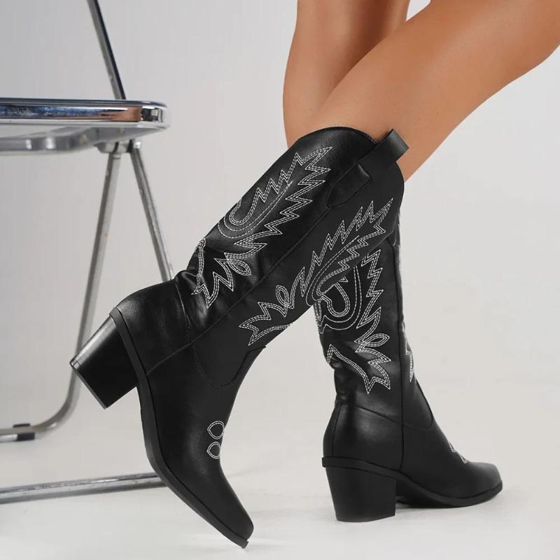 Damen Stiefel bis zur Wade Hochwertige Lässige Lederstiefel Modische Spitze Plateau Absatz Stiefel Klassische Stickerei Westliche Cowboystiefel