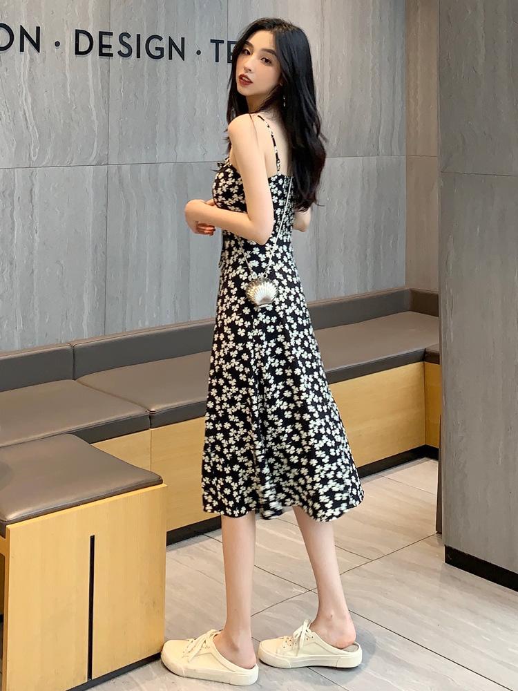 [Four-sided floral dress] Suspender floral dress women's summer French thin small printed bottoming skirt