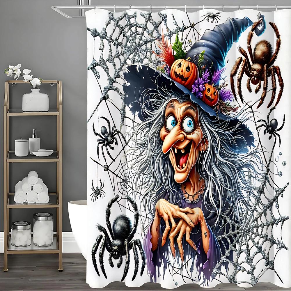 Halloween Wicked Witch Spider Web Spider Shower Curtain, Bathroom Decorative Shower Curtain, Waterproof Shower Curtain with Hook W90xH180cm