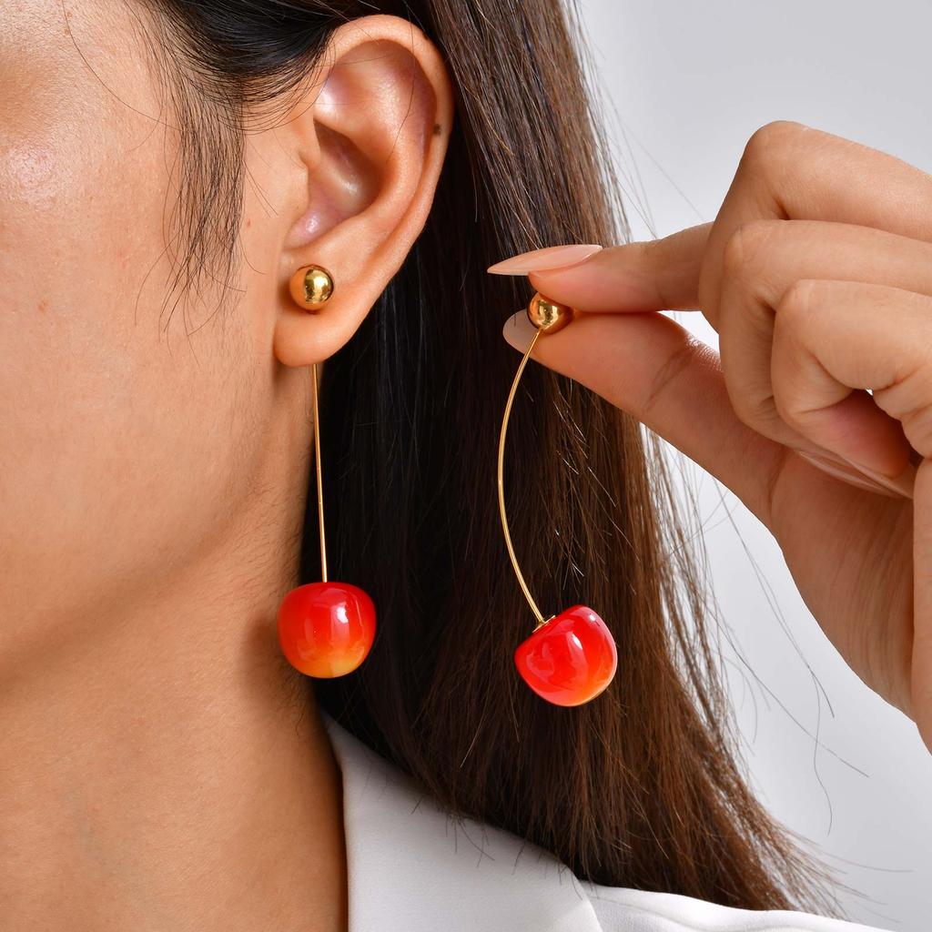 Orecchini Pendenti Unici in Ciliegio Rosso Massiccio da Donna, Orecchini con Pendente Frutta in Acciaio Inossidabile Placcato Oro, Gioielli Trendy da Festa