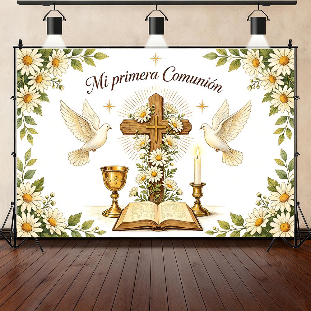 Cross Holy Grail White Dove My First Holy Communion Background Customizable Baptism Party Party DecorationArrangement Background