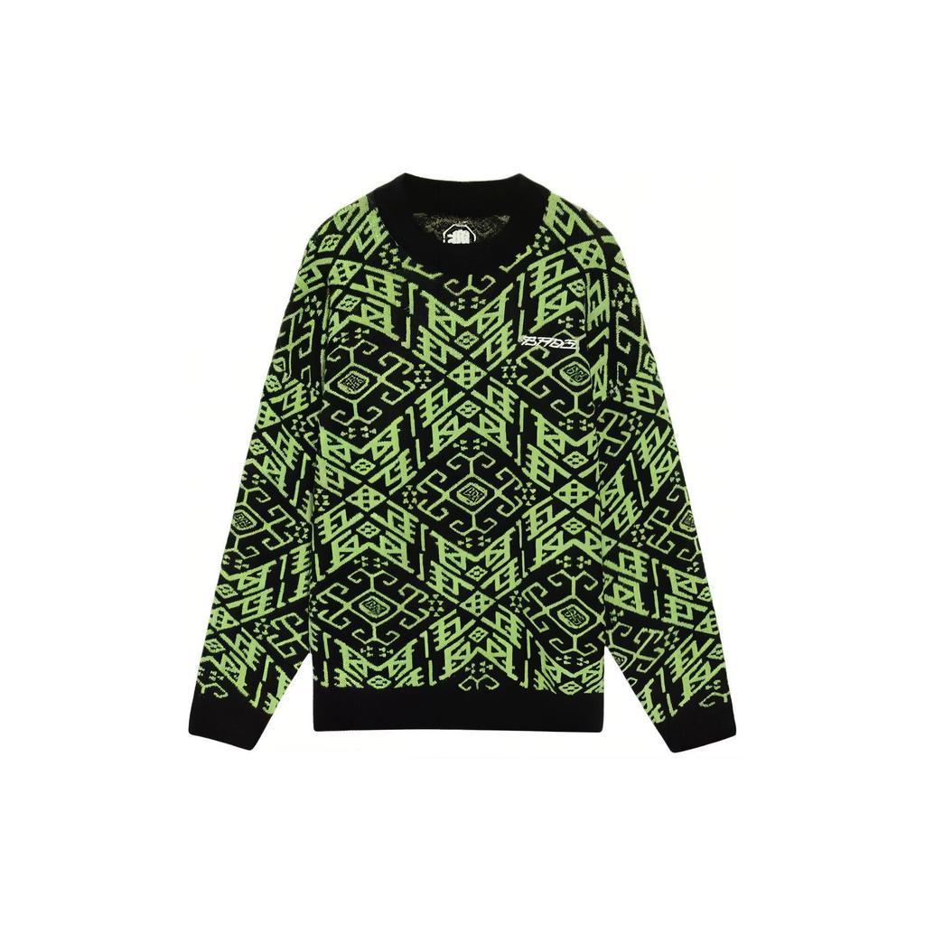 Li Ning Abstract Pattern Full Print Casual Knit Pullover Sweater Long Sleeve Unisex Sweater Green AMBS011-1