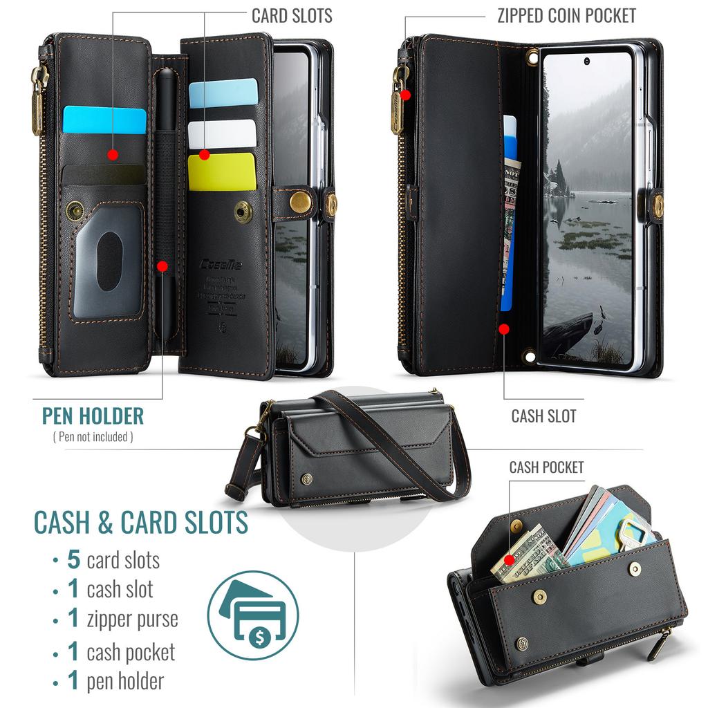 Crossbody Zipper Wallet Case For Samsung Z Fold7/Z Fold5 - PU Leather Card Holder Flip Cover