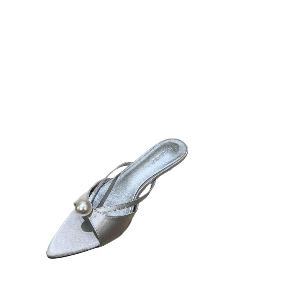 2025 summer new European and American style medium and high stiletto women's slippers pointed toe open toe foot strap wear evening shoes