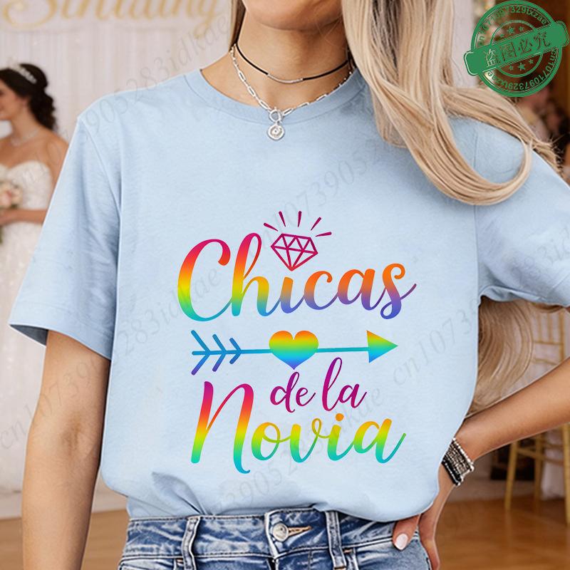 Spanish Girl Bachelorette Party T-Shirts, Rainbow Diamond Heart Arrow Graphic Tees for Bridal Shower, Team Bride Tribe Blouses S