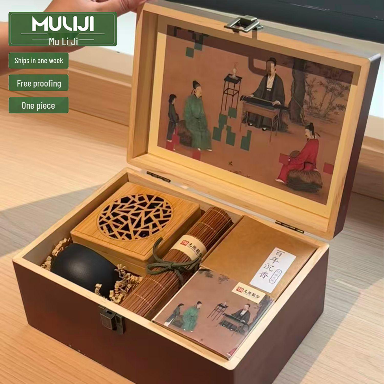 Retro Wooden Gift & Jewelry Storage Box Set with Ceramic Bowl Souvenir