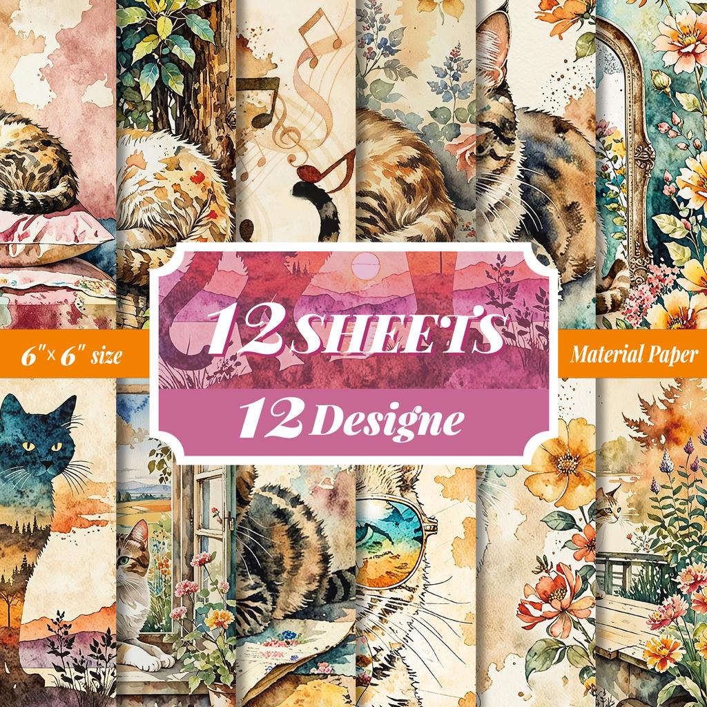 12 Sheets/Pack Retro Cat Material Paper Art Hand Account Peripheral Material Cutting Paper