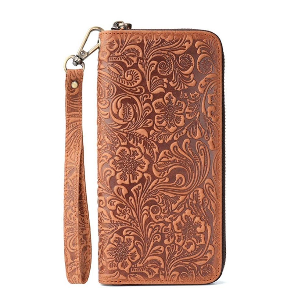 New Men's Genuine Cowhide Clutch Wallet Vintage Embossed Multi-Card Slots Wrist Strap Ready Stock Luxury Long Wallet