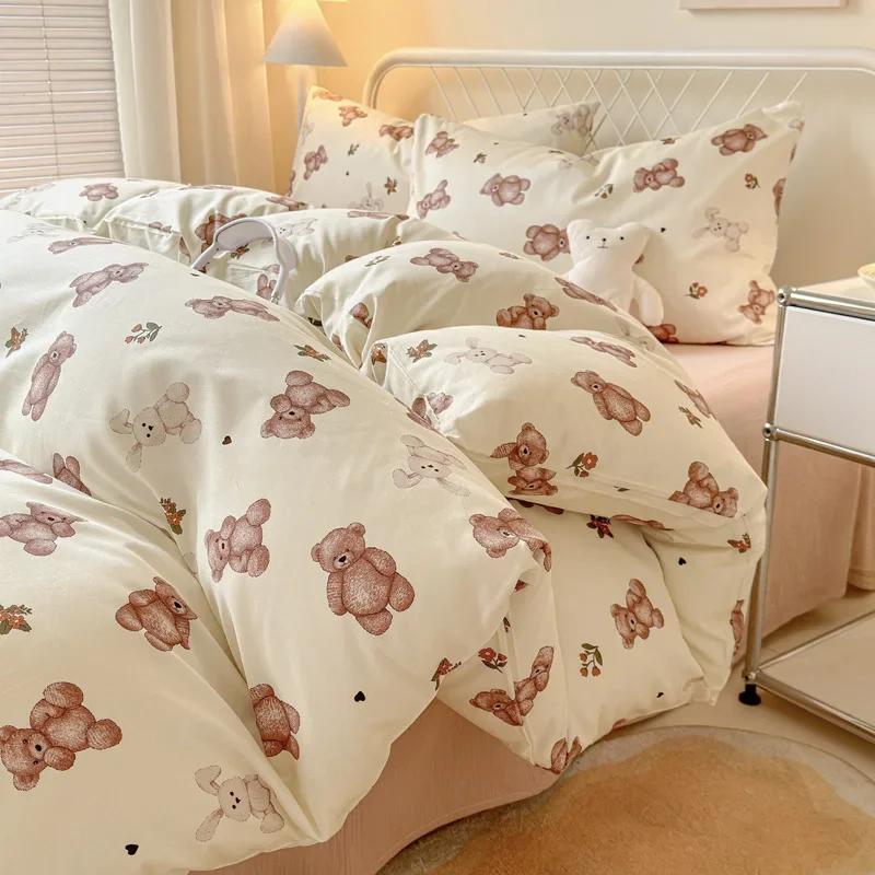Queen Bedding Set Reactive Printed Bed Sheet Sets Washed Polyester Soft Duvet Cover Bed Sheet Pillowcase Cartoon Bedding Bed Set